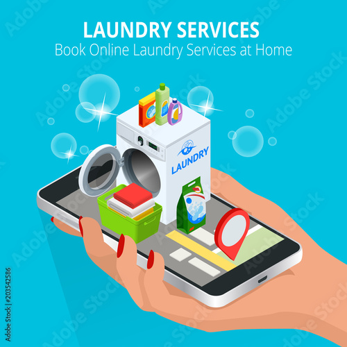 Isometric Woman hand using smartphone booking Online Laundry Service. Book Online Laundry Services at Home concept, App on the screen. Vector illustration