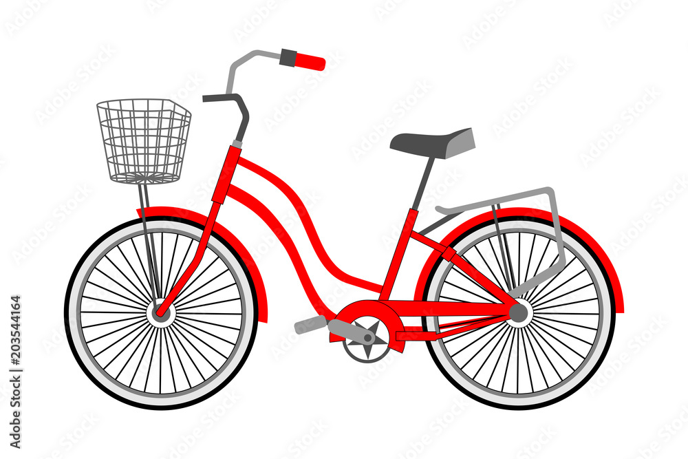 Single bicycle with a front wicker basket on a white background. Vector flat style.