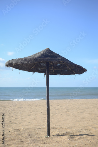 Beautiful view of sandy beach with palm  parasol and turquoise sea