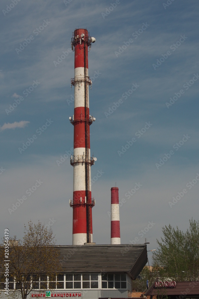 Two chimneys in the sky near Moscow, Russia