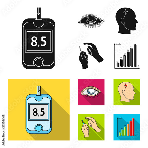 Poor vision, headache, glucose test, insulin dependence. Diabetic set collection icons in black, flat style vector symbol stock illustration web.