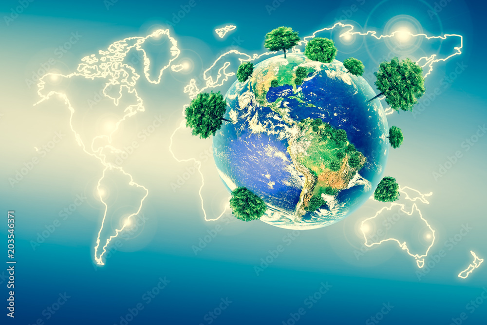 Obraz premium Ecological concept of the environment with the cultivation of trees . Planet Earth. Physical globe of the earth. Elements of this image furnished by NASA. 3D illustration