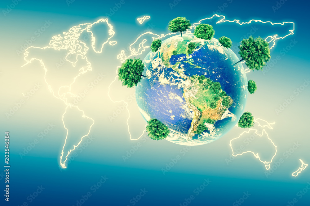 Naklejka premium Ecological concept of the environment with the cultivation of trees . Planet Earth. Physical globe of the earth. Elements of this image furnished by NASA. 3D illustration