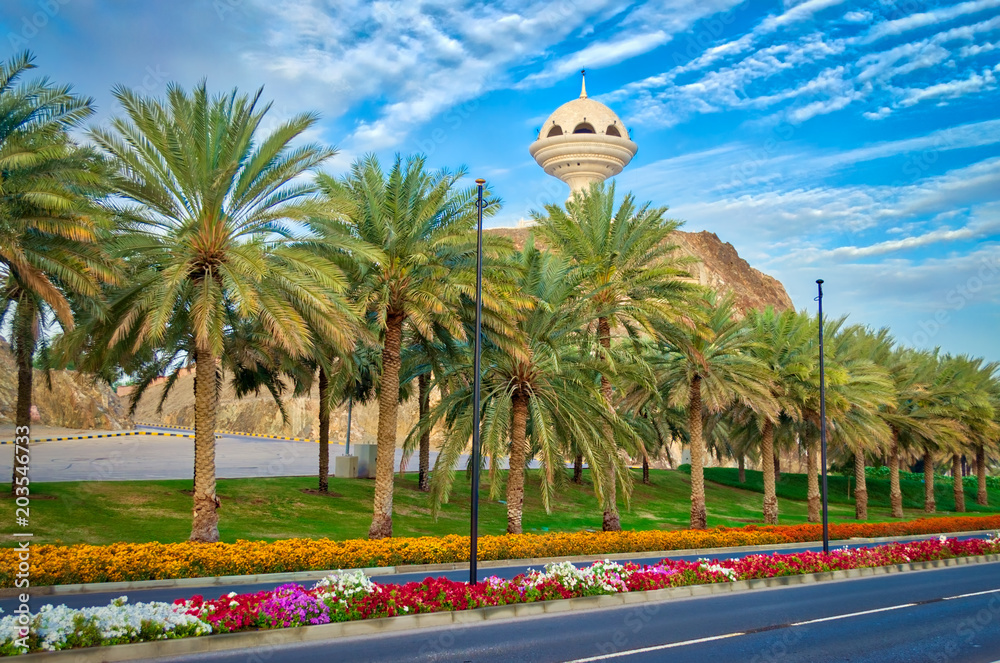 Date palm trees & flowers on the roadside garden, Muscat, Oman. The  frankincense burner monument in the background. Stock Photo | Adobe Stock