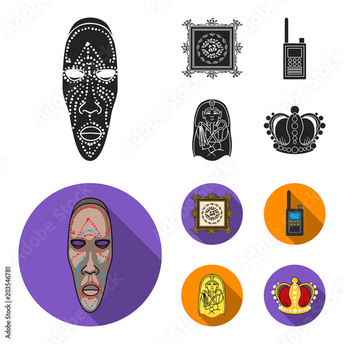 Picture, sarcophagus of the pharaoh, walkie-talkie, crown. Museum set collection icons in black, flat style vector symbol stock illustration web.