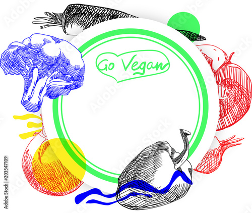 Go vegan round background with vegetables.