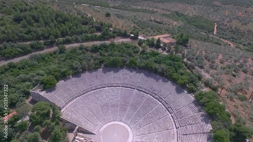 Aerial drone bird's eye view of ancient theater Epidaurus or Epidavros