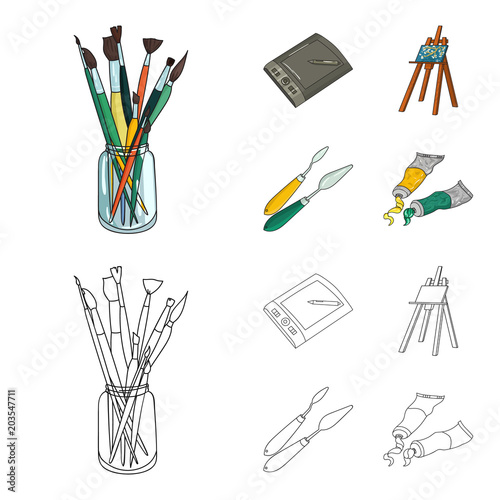 Bank with brushes, a drawing board, an easel with a canvas, paint knives.Artist and drawing set collection icons in cartoon,outline style vector symbol stock illustration web.