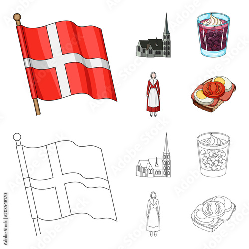 Flag, national, symbol, and other web icon in cartoon,outline style.Denmark,history, tourism, icons in set collection.