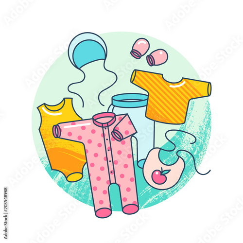 Garments for infant kids. Illustration of baby clothes in flat style isolated on white background.