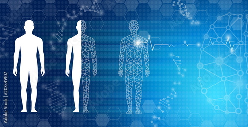 abstract background technology concept in blue light,brain and human body heal ,technology modern medical science in future and global international medical with tests analysis clone DNA human