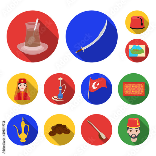 Turkey country flat icons in set collection for design.Travel and attractions vector symbol stock web illustration.
