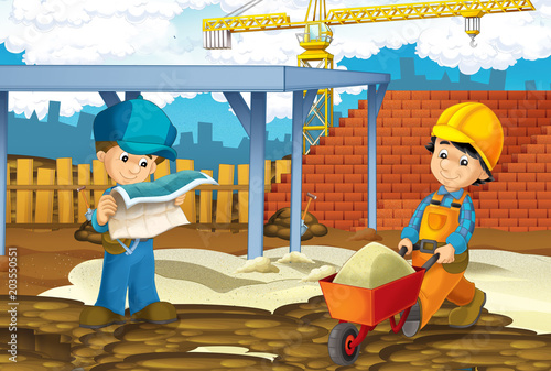 cartoon scene with men working doing industrial jobs - illustration for children