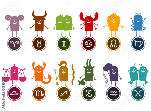 Twelve Zodiac Silhouette Cartoon Signs