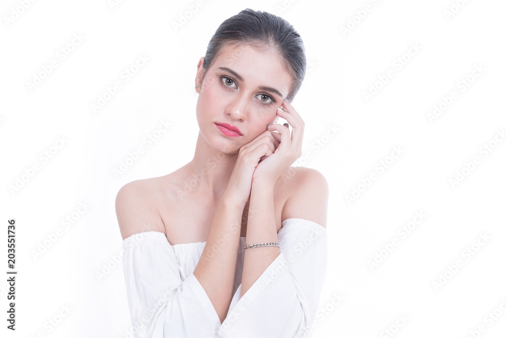 Portrait of Young woman hand pose for facial skin product isolated on white background. Portrait of Young woman hand pose for facial skin product isolated on white background.
