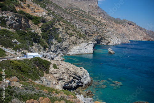 Panoramic view of Agia Anna chapel on Amorgos island, Greece, Cyclades.