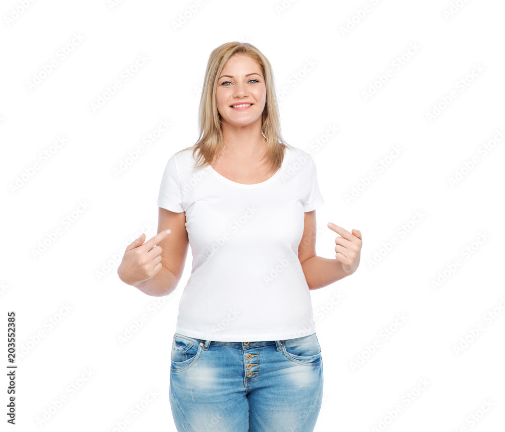 body positive, plus size and people concept - happy woman in white t-shirt pointing fingers to herself body positive, plus size and people concept - happy woman in white t-shirt pointing fingers to herself