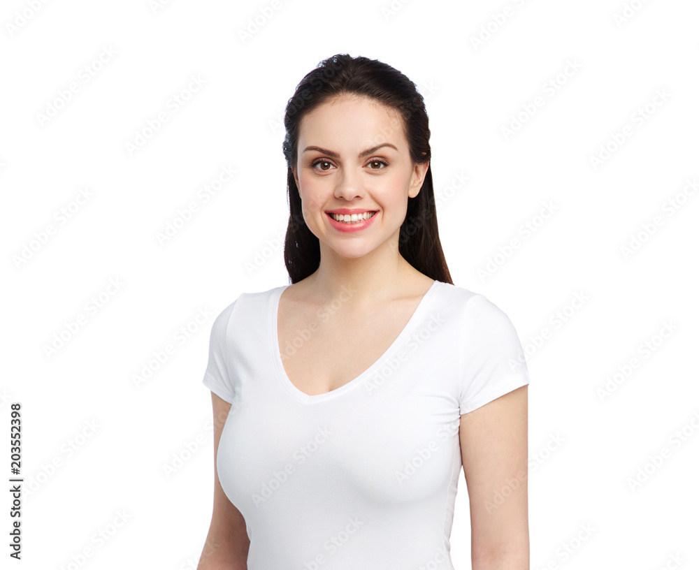 body positive and people concept - happy woman in white t-shirt body positive and people concept - happy woman in white t-shirt