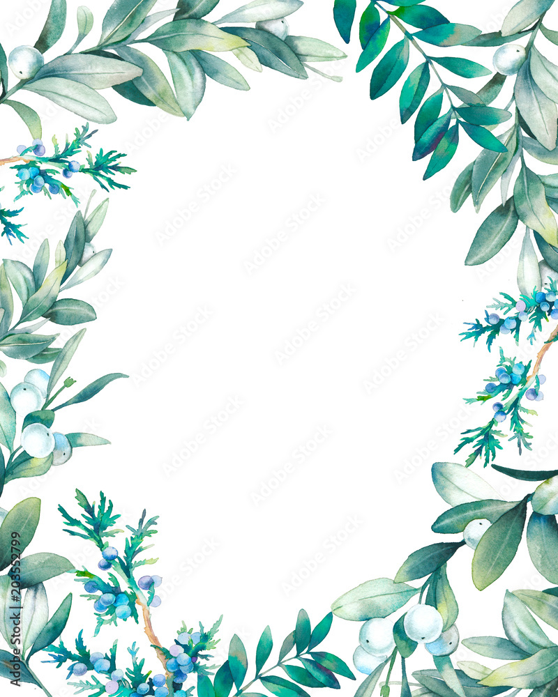 Watercolor frame design with various green plants isolated on white background. Hand drawn natural card with branches, leaves and berries. Oval wreath
