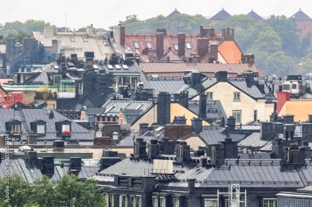 Rooftops in Stockholm on a rainy day