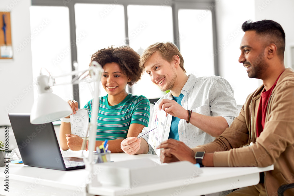 Obraz premium business, online communication and technology concept - happy creative team having video conference at office