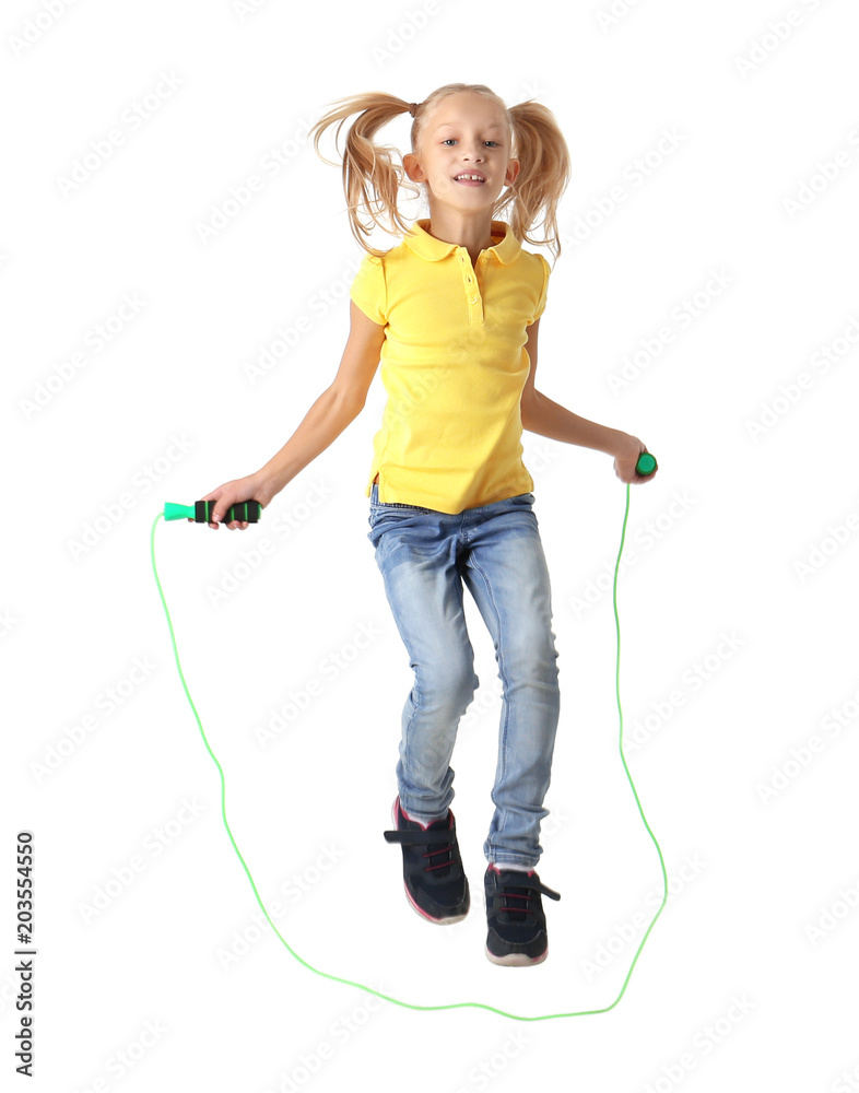 Cute little girl playing with jumping rope on white background Cute little girl playing with jumping rope on white background