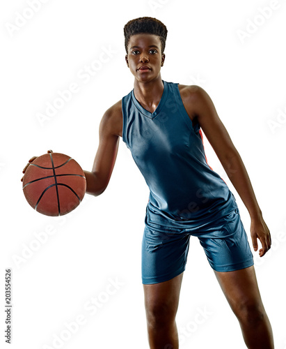 one african Basketball players woman teenager girl isolated on white background with shadows