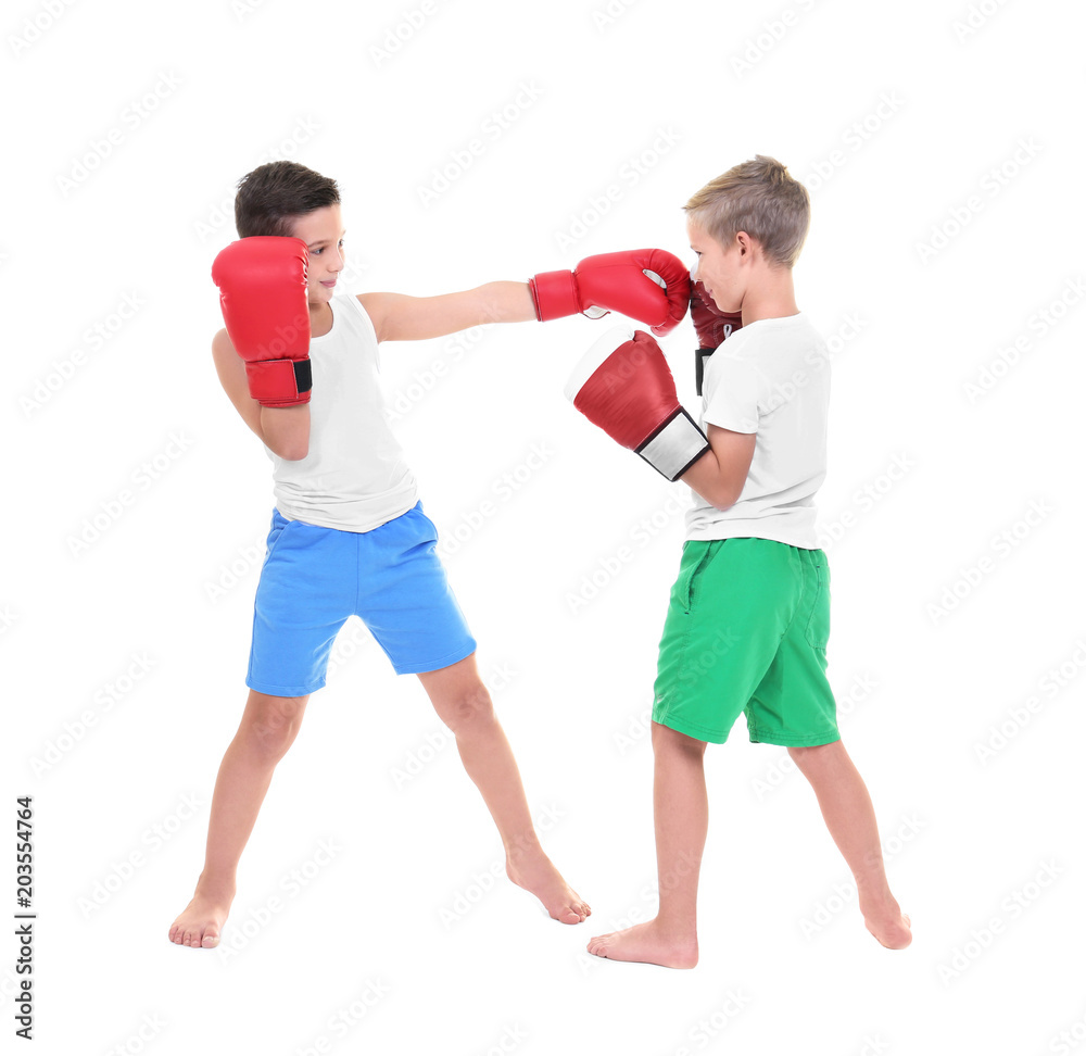 Cute little boys boxing on white background