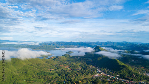 Aerial view of Kaeng Krachan dam with morning Mist photo