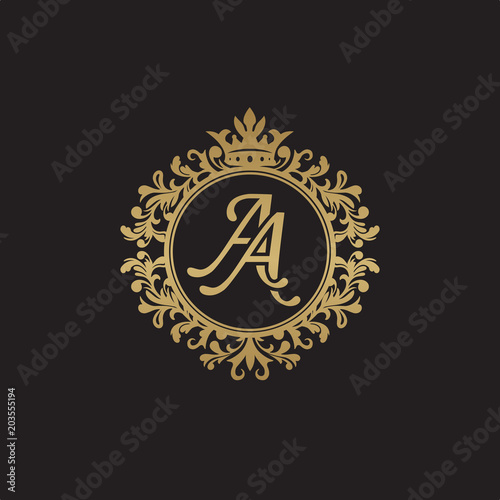 Initial letter AA, overlapping monogram logo, decorative ornament badge, elegant luxury golden color photo