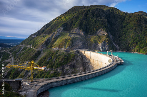 The Enguri hydroelectric power station HES. The Jvari Reservoir next to Inguri Dam, surrounded by mountains, Upper Svaneti, Georgia. Second highest concrete arch dam in the world. Jvari location.