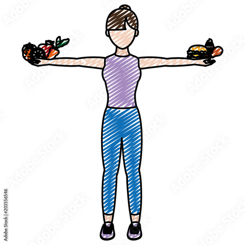 doodle woman with healthy and unheathy food in her hands photo