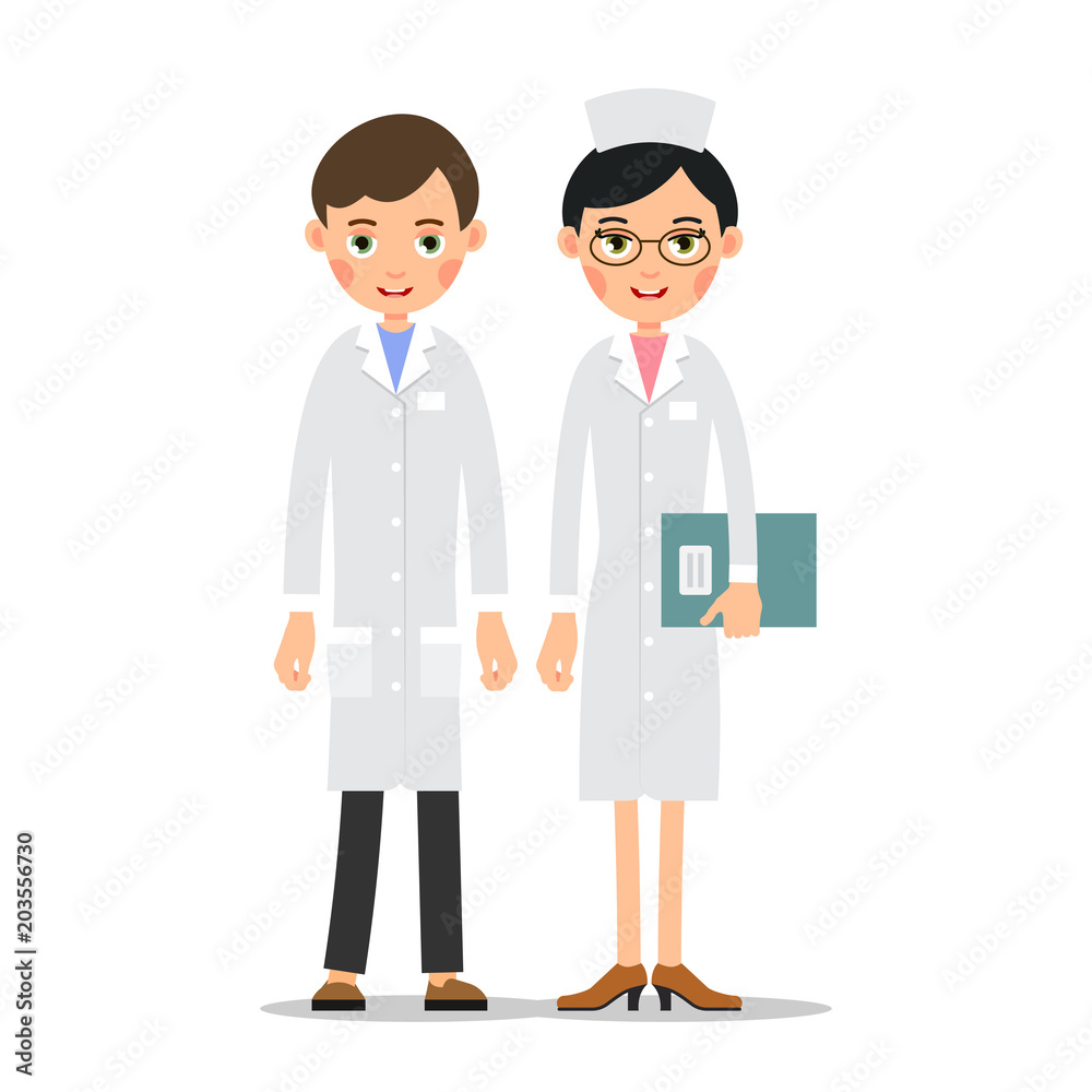 Doctors. Doctor man and woman in uniform. Cartoon illustration isolated on white background in flat style. Full length portrait of doctor, nurse or medical assistant Doctors. Doctor man and woman in uniform. Cartoon illustration isolated on white background in flat style. Full length portrait of doctor, nurse or medical assistant
