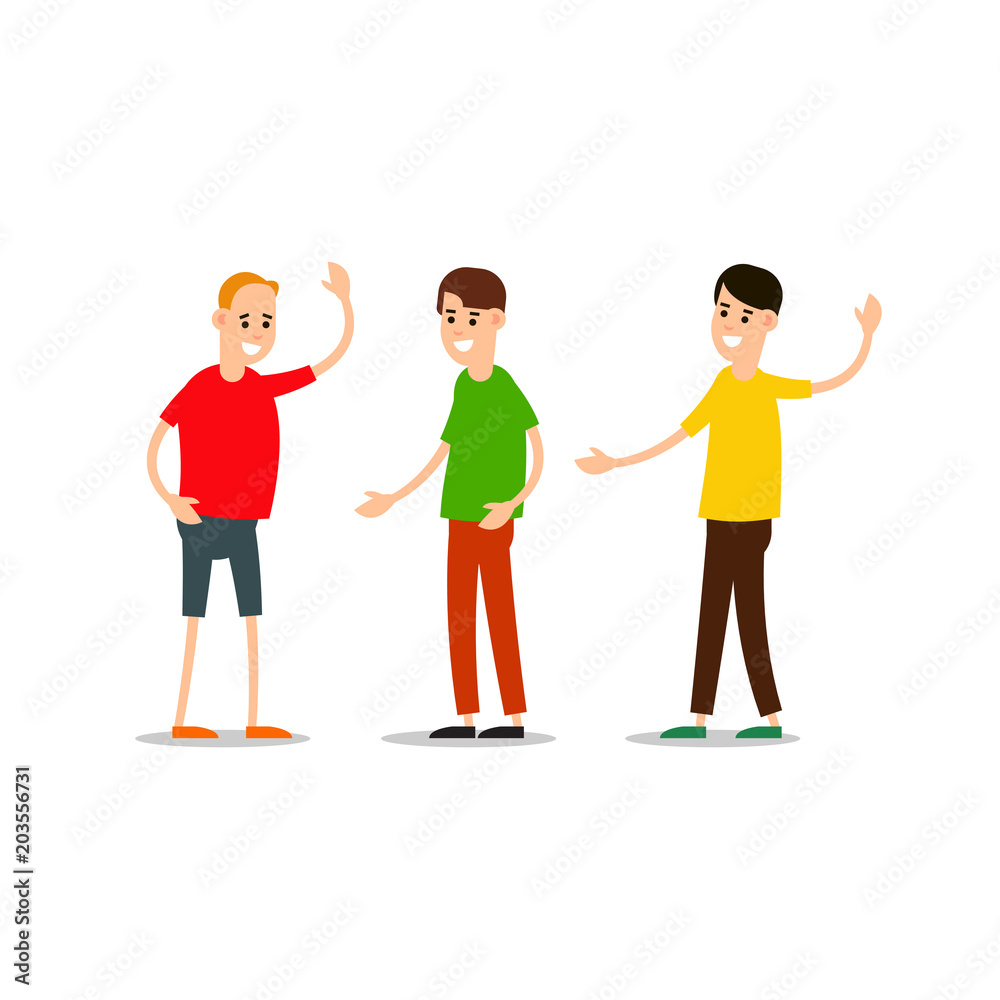 Young man standing and greet each other. Group of young people. Funny cartoon guy in various poses. Cartoon illustration isolated on white background in flat style Young man standing and greet each other. Group of young people. Funny cartoon guy in various poses. Cartoon illustration isolated on white background in flat style