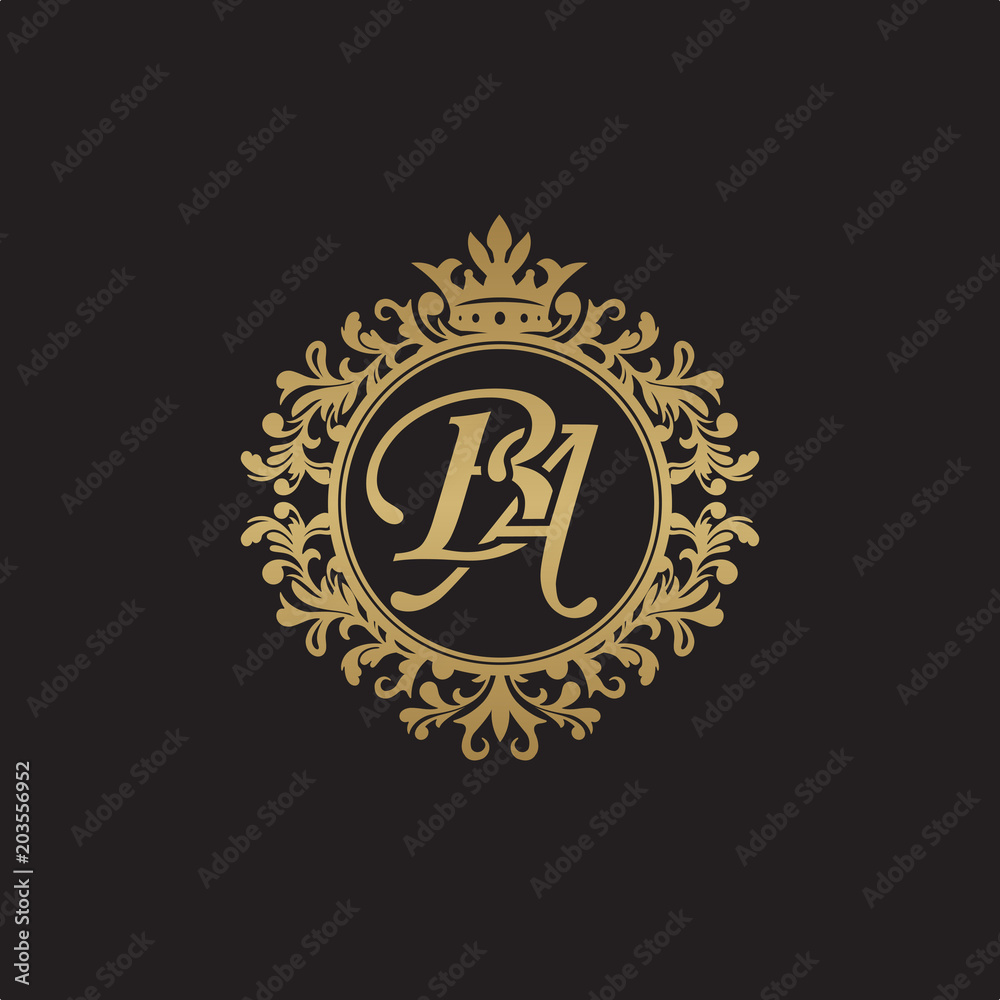 Initial letter BA, overlapping monogram logo, decorative ornament badge, elegant luxury golden color