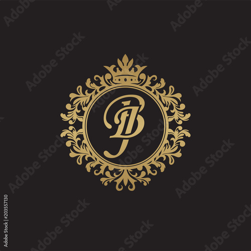 Initial letter BJ, overlapping monogram logo, decorative ornament badge, elegant luxury golden color