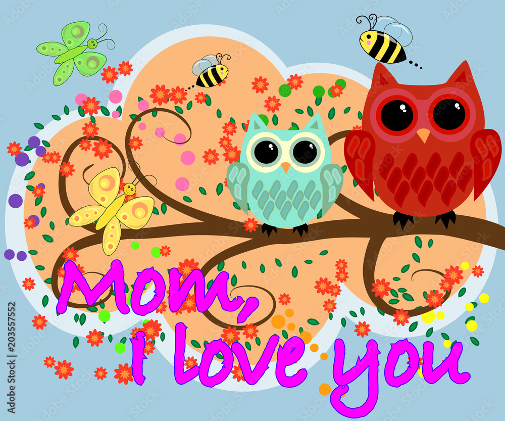 Obraz premium i love you mother day greeting card vector with owl graphic