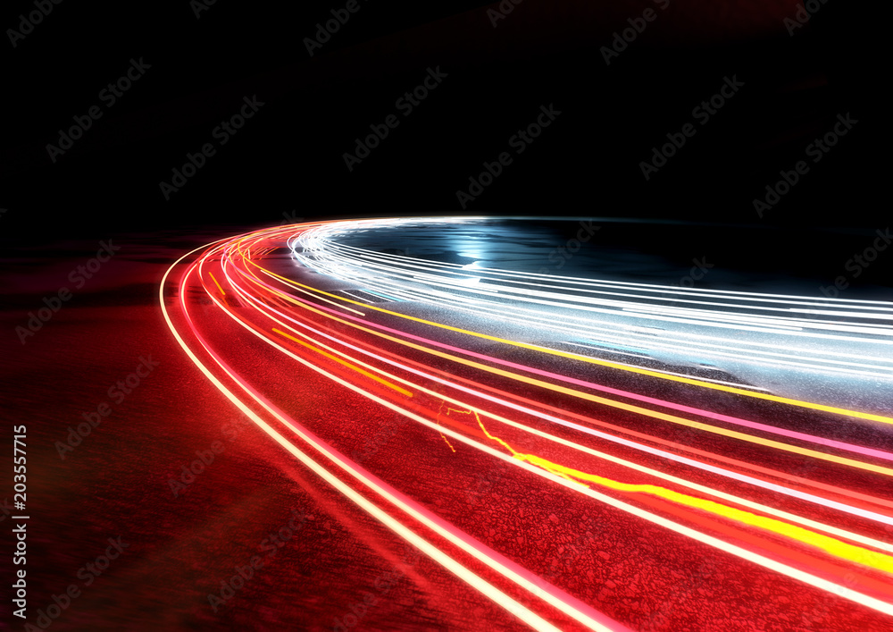 Obraz premium Zakrzywione ślady świateł samochodowych. Ilustracja 3D
