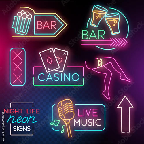 A collection of Neon night life light signs including, bars, casino and  live music. Vector illustration