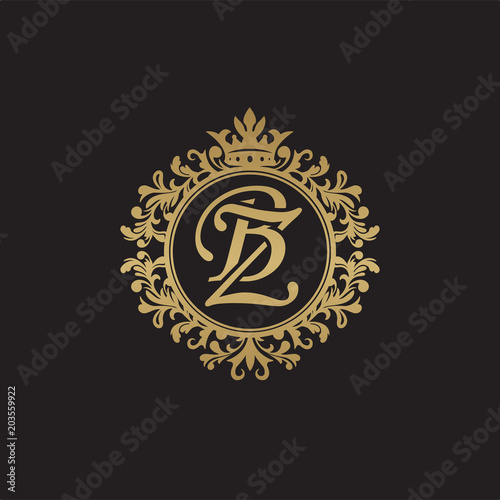 Initial letter BZ, overlapping monogram logo, decorative ornament badge, elegant luxury golden color