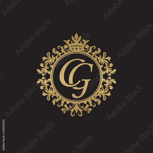 Initial letter CG, overlapping monogram logo, decorative ornament badge, elegant luxury golden color
