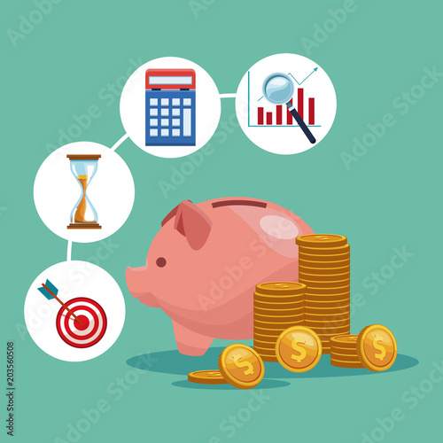 Canvastavla Piggy money savings with symbols vector illustration graphic design