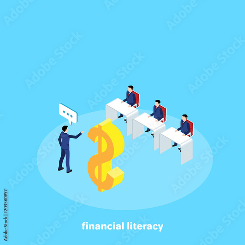 a man in a business suit conducting a lecture on the topic of finance in front of people sitting at the tables, an isometric image