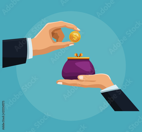 Hand inserting coin tu purse vector illustration graphic design