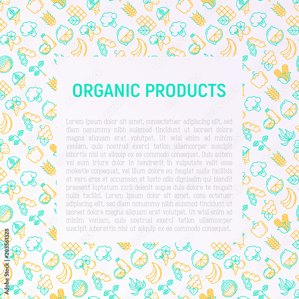 Organic products concept with thin line icons set: corn, peas, raw cafe, broccoli, grapes, sprouts, seaweed, watermelon, bananas, fresh juice. strawberry. Modern vector illustration for vegetable shop Organic products concept with thin line icons set: corn, peas, raw cafe, broccoli, grapes, sprouts, seaweed, watermelon, bananas, fresh juice. strawberry. Modern vector illustration for vegetable shop