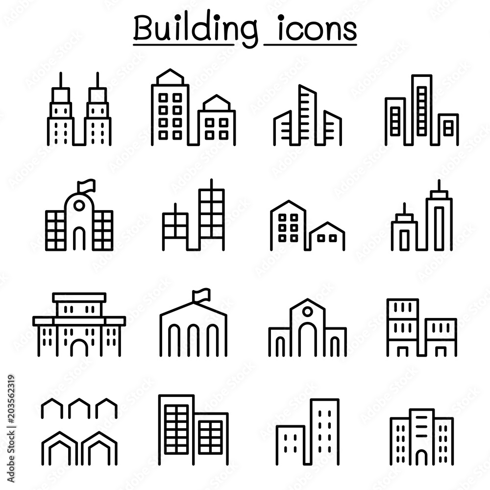 Building icon set in thin line style