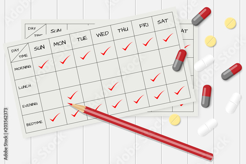 Pills, capsule and medication management card vector.