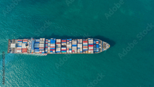 Container ship in export and import business and logistics. Shipping cargo to harbor by crane. Water transport International. Aerial view and top view