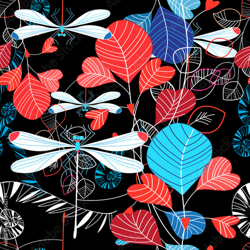 Seamless pattern illustration of summer leaves and dragonfly