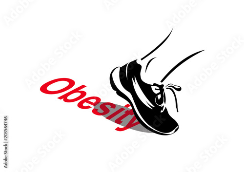 Vector image of exercise with relation to obesity - a sport shoe pushing off the word "Obesity"